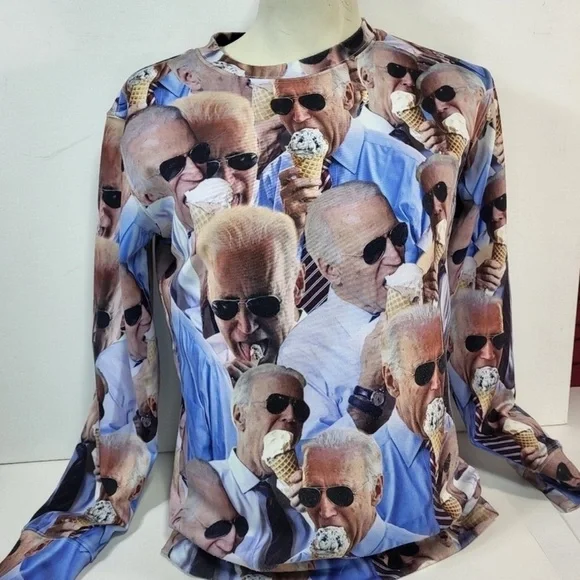 Joe Biden Eating Ice Cream Long Sleeve Crew Neck Sweater - Size XS - Picture 2 of 5